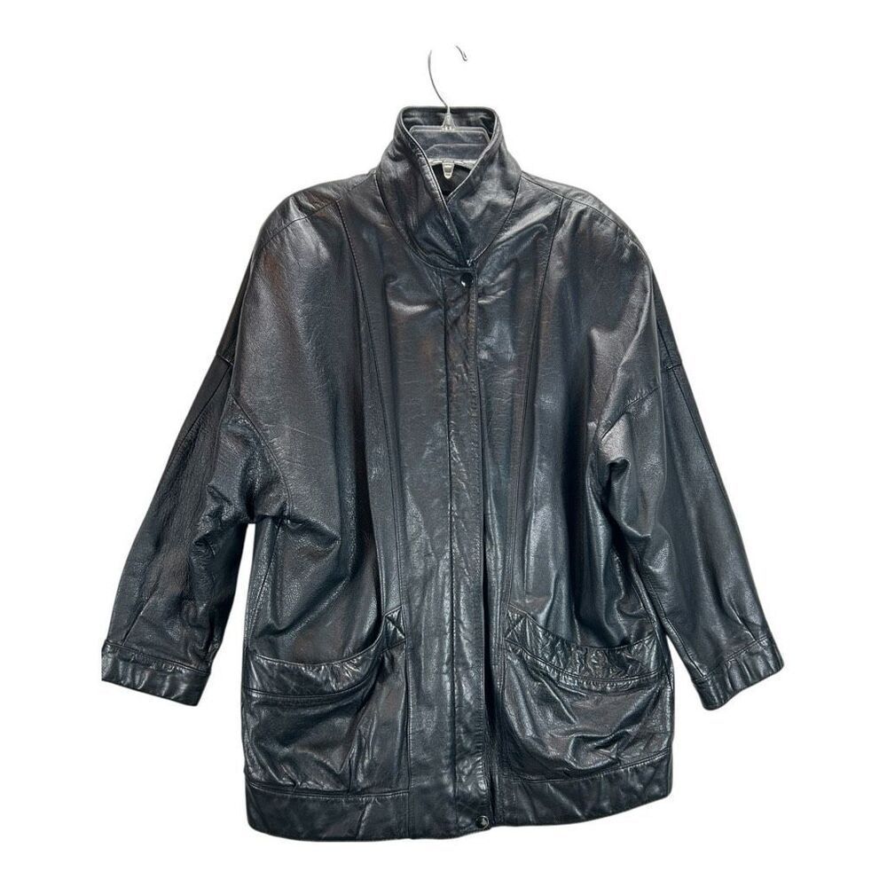 Wilsons Black Leather Jacket M Oversized 90s Vintage Zip